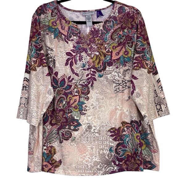 Catherines Floral Paisley Tunic Top Size 1XWP Petite 1X Beige Purple Embellished - Picture 1 of 10